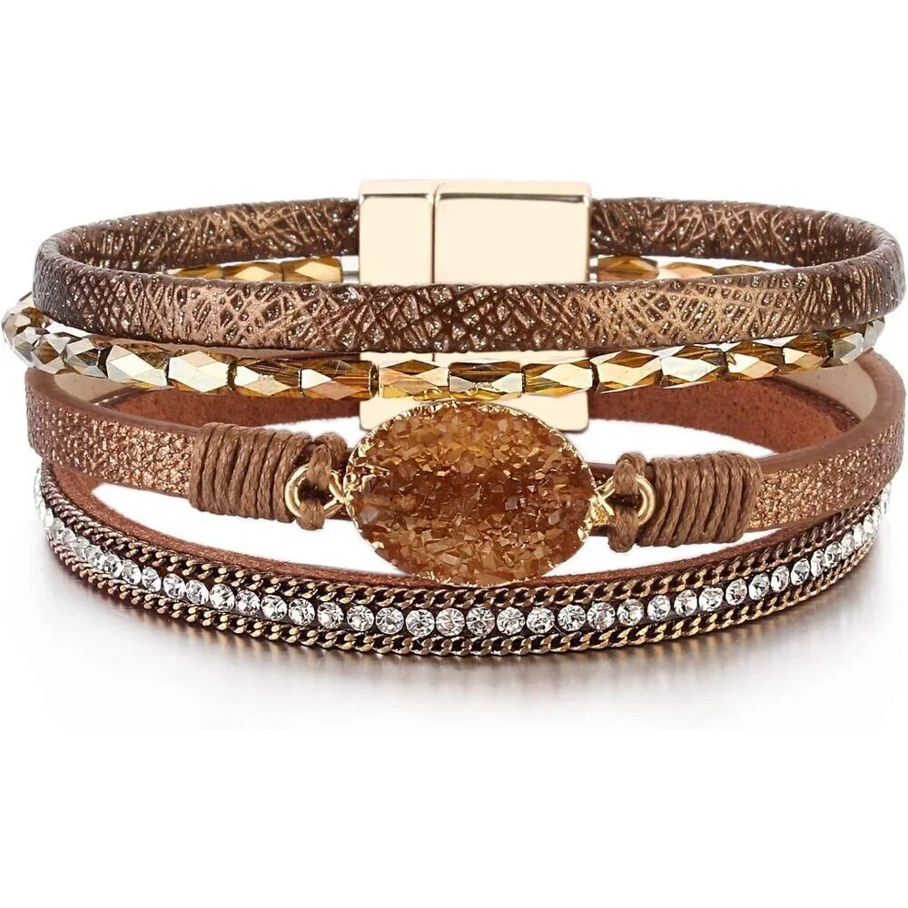 Leather Wrap Boho Cuff Bracelet Crystal Bead Multi Layer Jewelry Gift Women